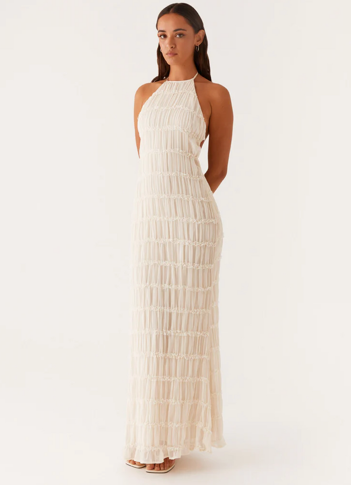 Evangeline | Textured Lace Trim Halter Neck Maxi Dress with Open Back