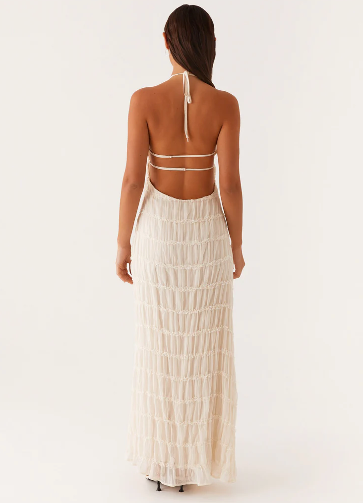 Evangeline | Textured Lace Trim Halter Neck Maxi Dress with Open Back