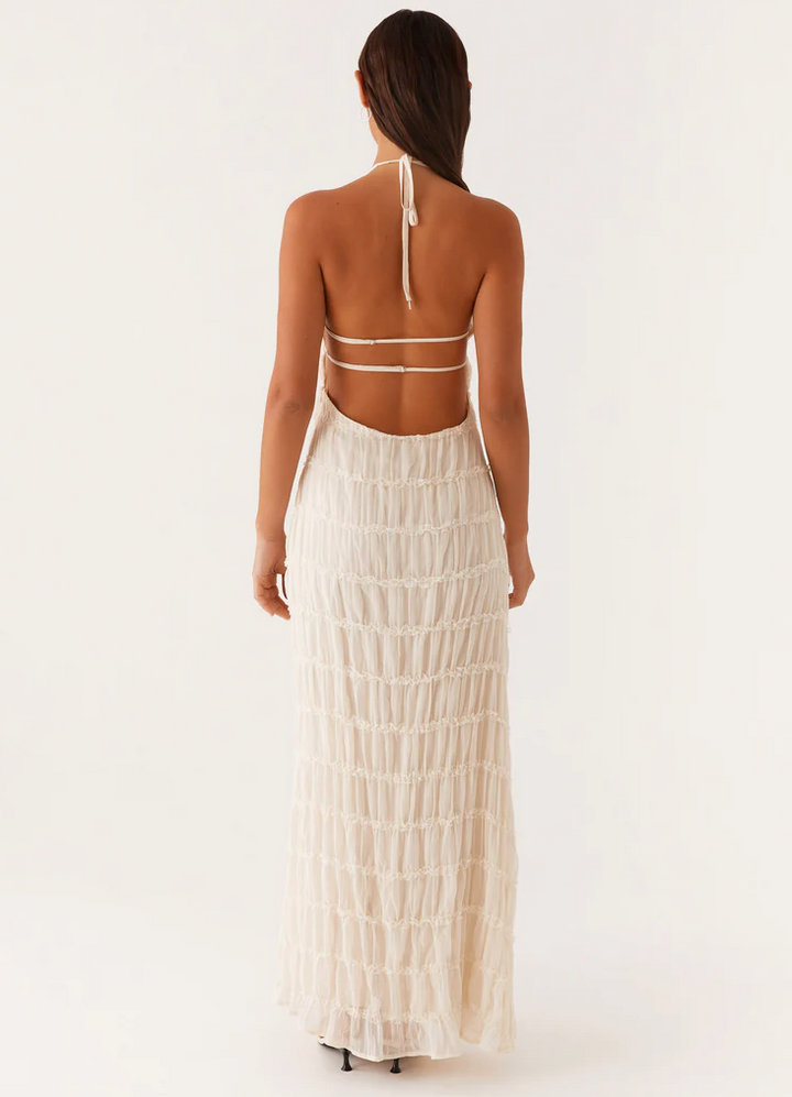 Evangeline | Textured Lace Trim Halter Neck Maxi Dress with Open Back