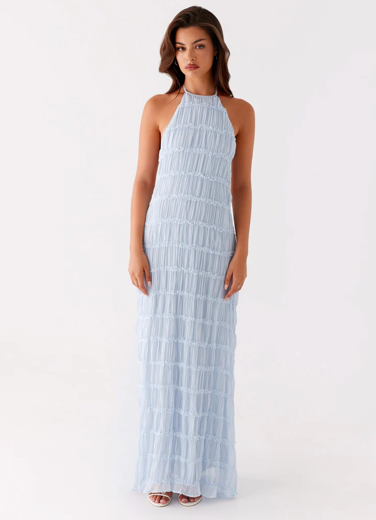 Evangeline | Textured Lace Trim Halter Neck Maxi Dress with Open Back
