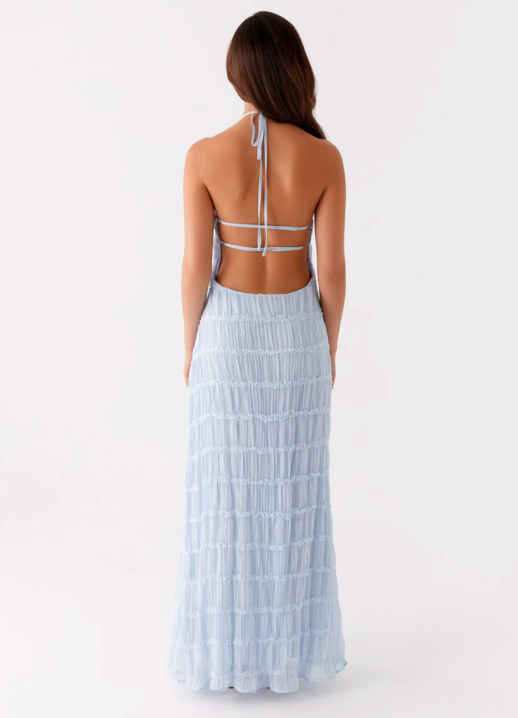Evangeline | Textured Lace Trim Halter Neck Maxi Dress with Open Back
