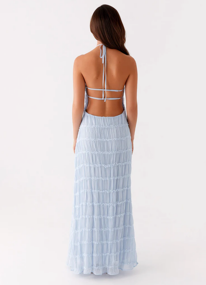 Evangeline | Textured Lace Trim Halter Neck Maxi Dress with Open Back