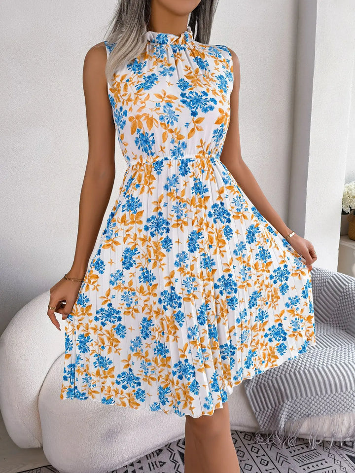 Zinnia | Floral Frill Neck Womens Pleated Midi Dress Sleeveless