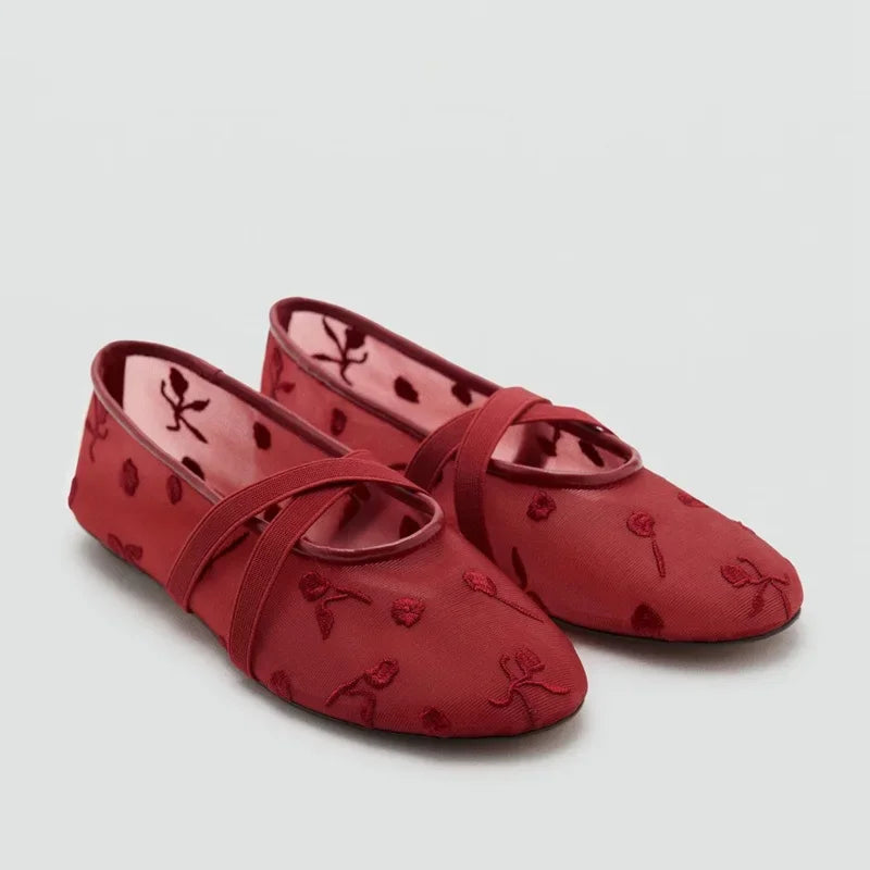 Rosette | Embroidered Rose Mesh Mary Jane Orthopedic Flats