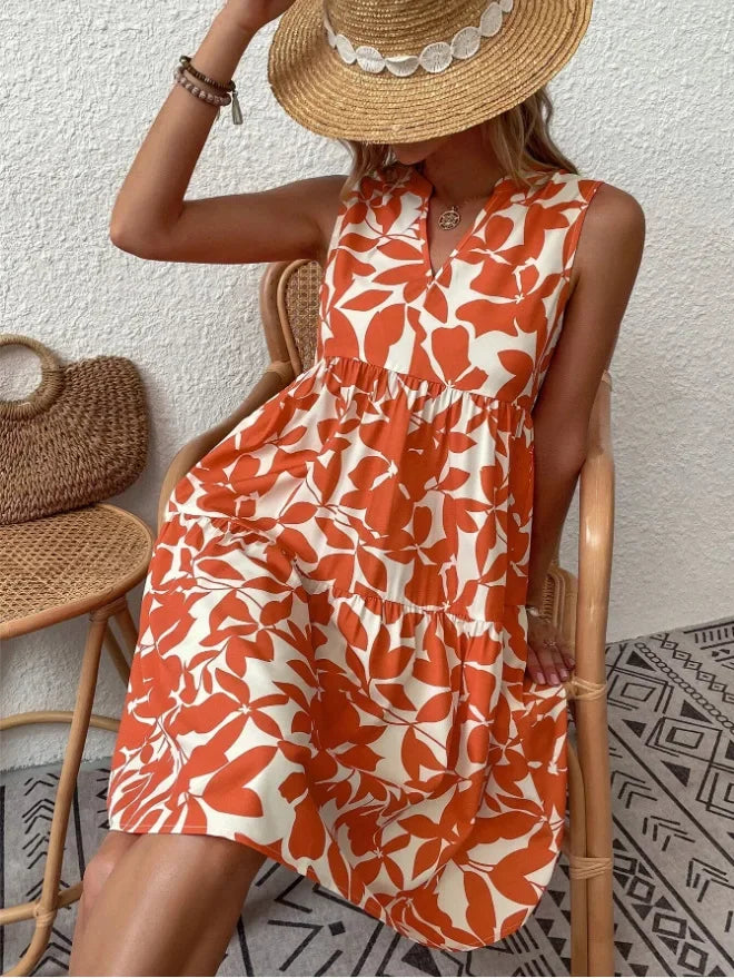 Josette | Women's V-Neck Tiered Summer Dress with Botanical Print