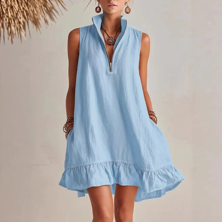 Isolde | Women's Zip Stand Collar Ruffle Hem Mini Dress