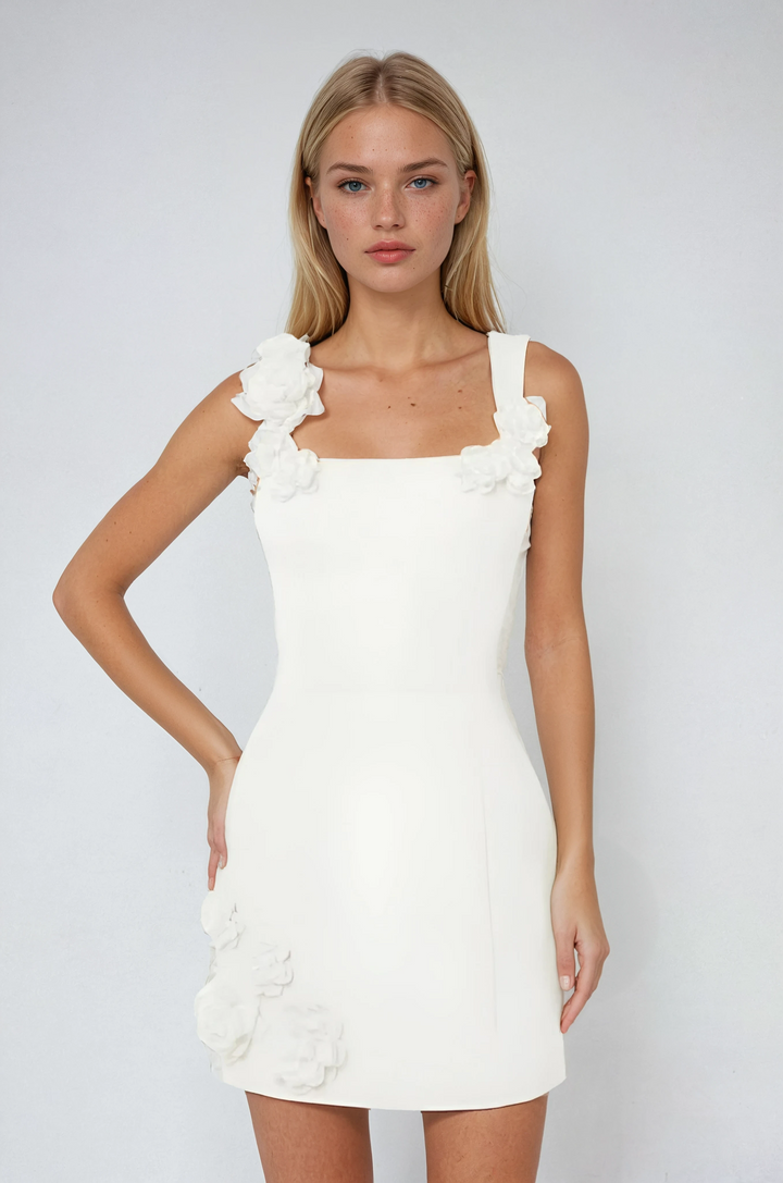 Rosalind | Women's 3D Floral Applique Square Neck Mini Dress