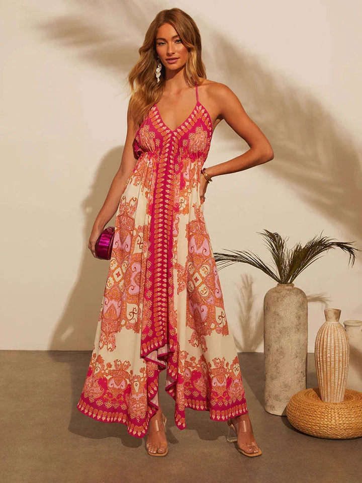 Sorrento | Paisley Crochet Trim V-Neck Halter Neck Maxi Dress