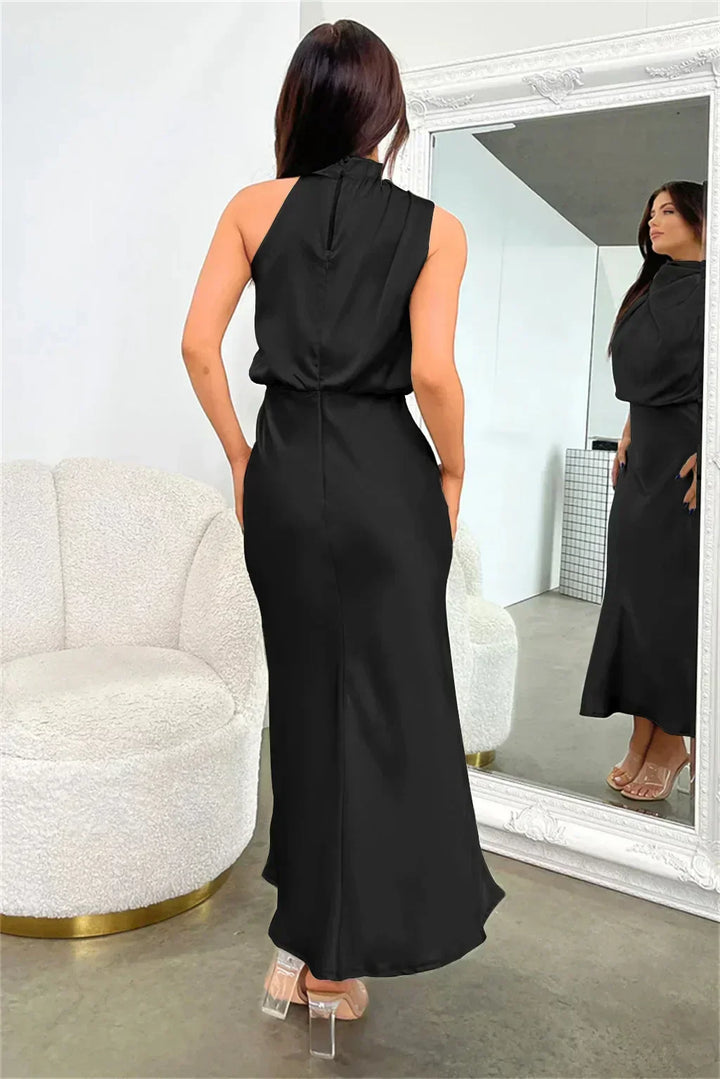 Sienna | Draped Twist Blouson Halter Neck Maxi Dress in Satin