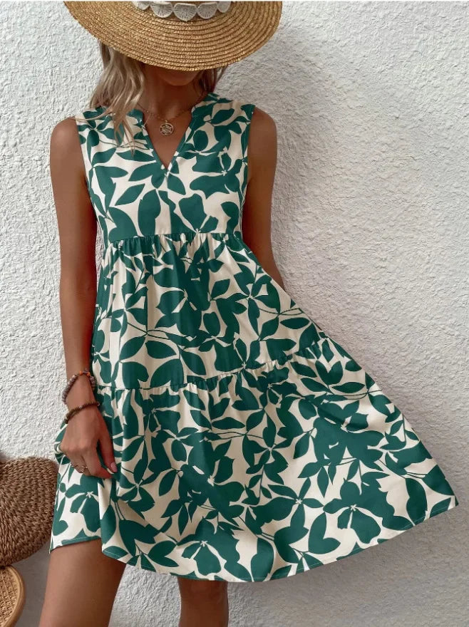 Josette | Women's V-Neck Tiered Summer Dress with Botanical Print