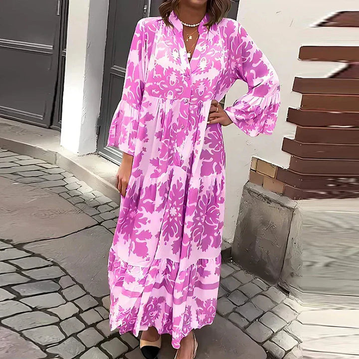 Versailles | Baroque Print Button Front Lantern Sleeve Boho Dress