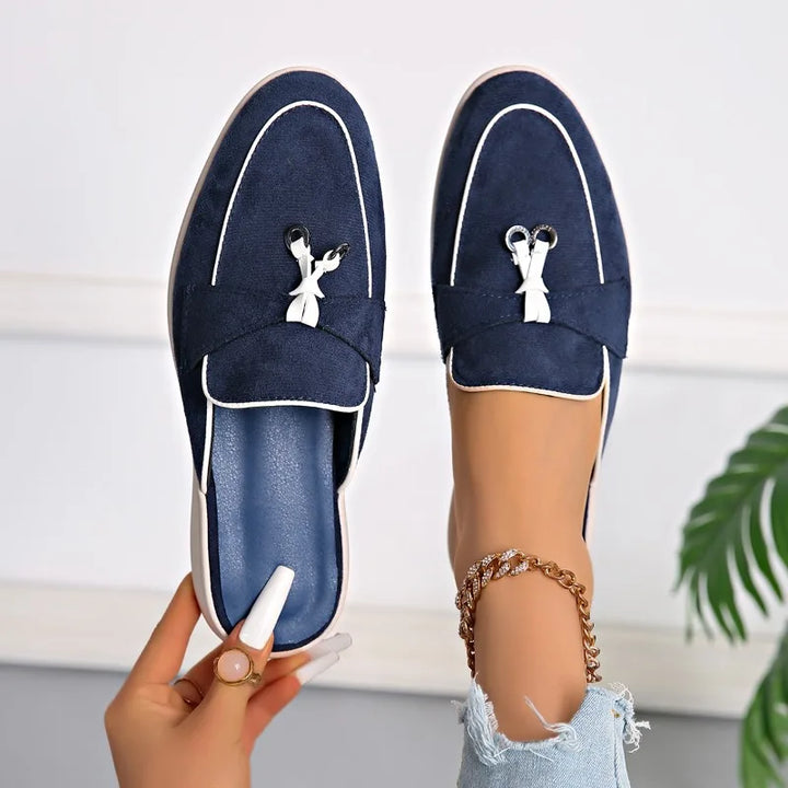 Frankie | Suede Tassel Trim Backless Loafer Orthopedic Flats