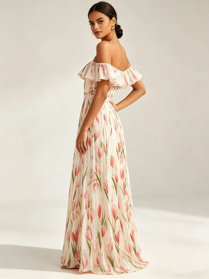 Flora | Tulip Print Ruffle Bardot Off Shoulder Dress