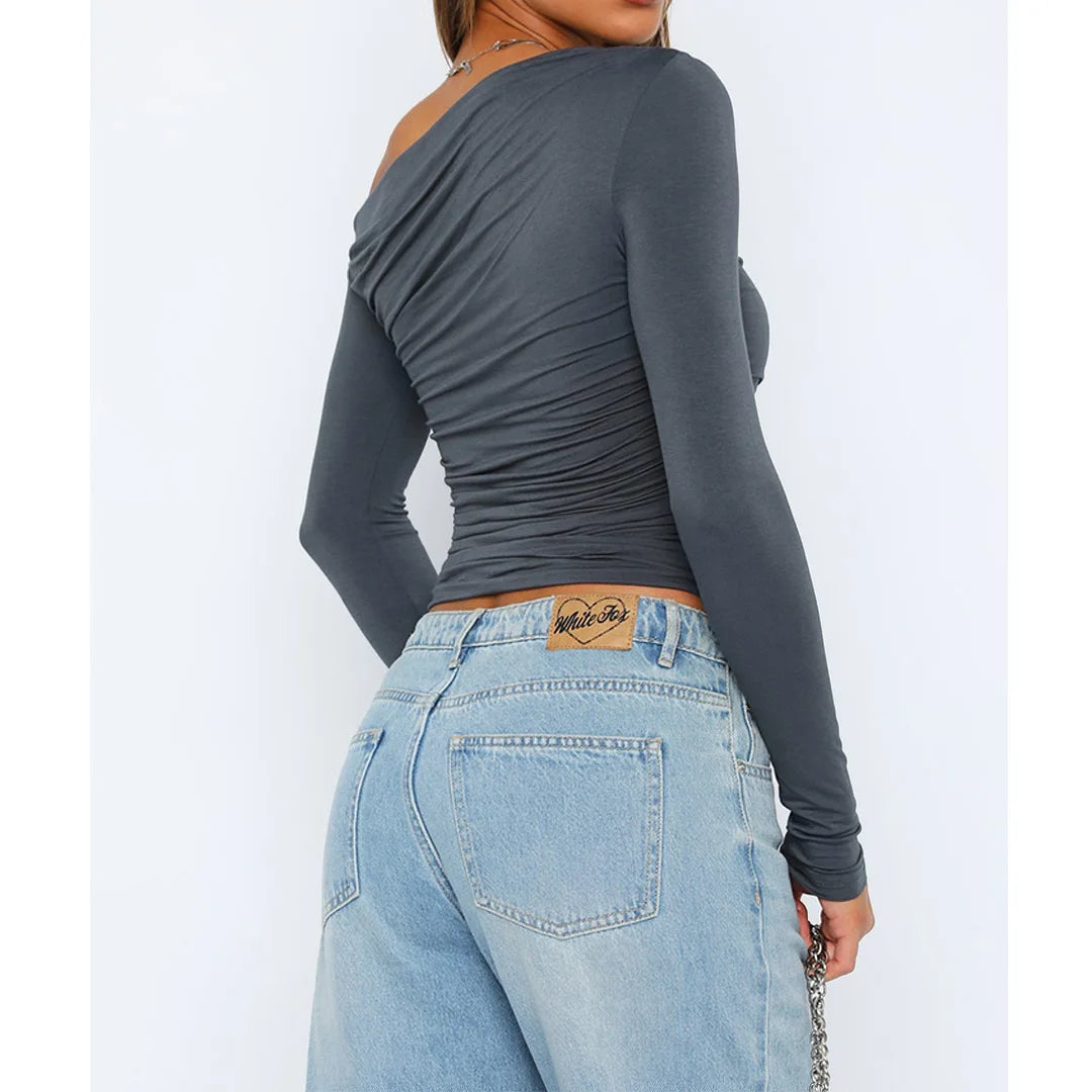 Marisol | Women's Long Sleeve Off Shoulder Ruched Top Cropped Fit