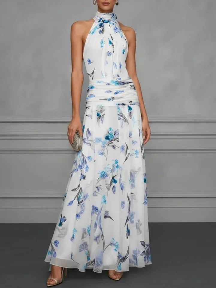 Clarisse | Floral Chiffon Ruched Waist Halter Neck Dress