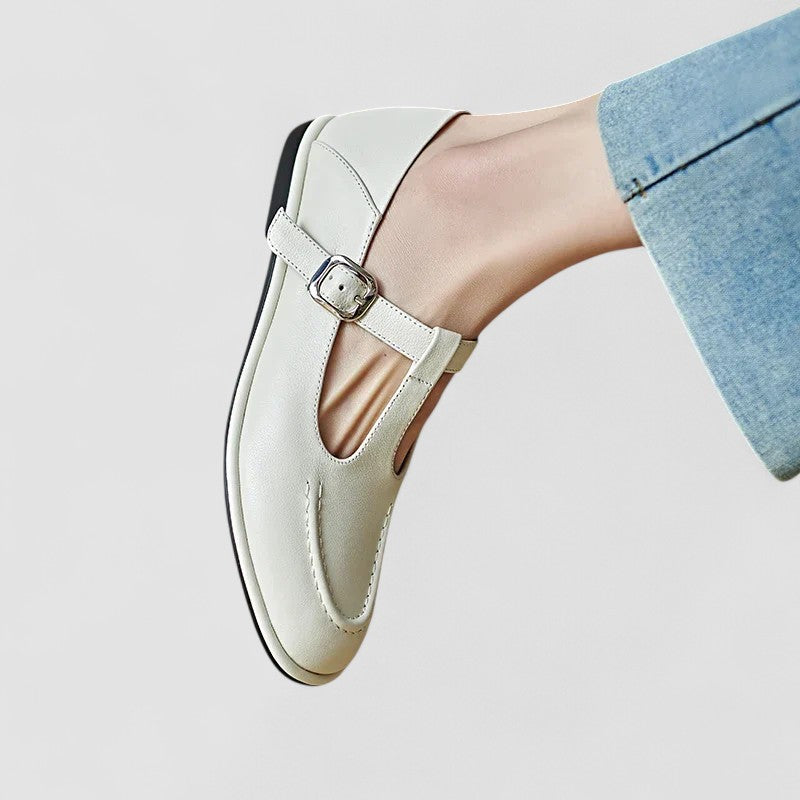 Odette | Cutout T-Strap Leather Mary Jane Flats