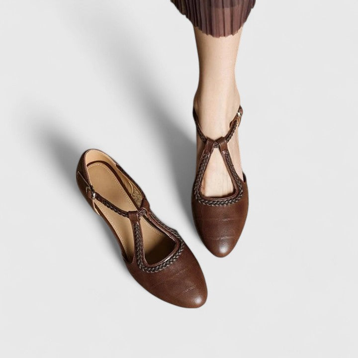 Brynn | Braided T-Bar Round Toe Orthopedic Flats in Leather