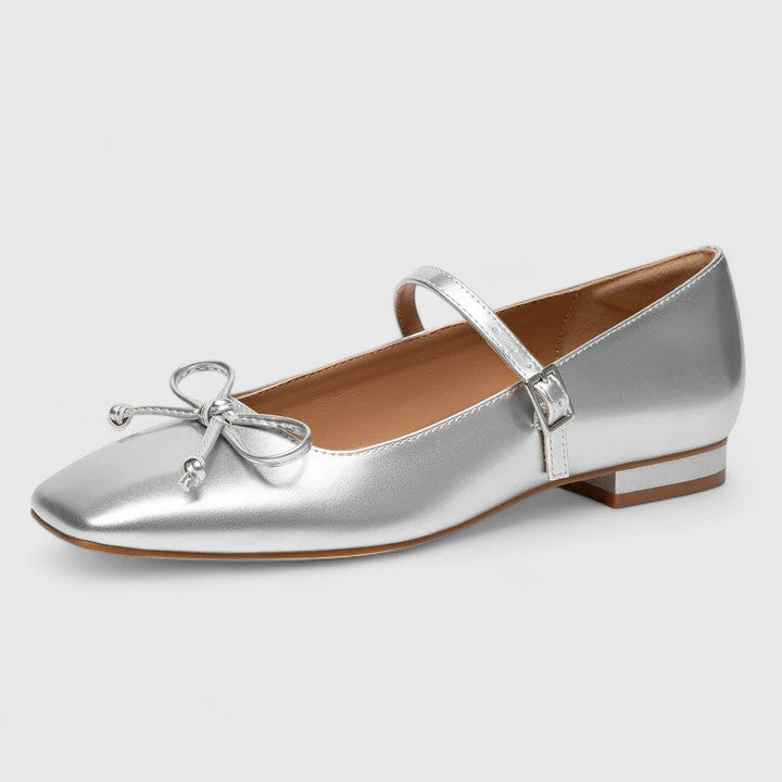 Amelie | Bow Detail Mary Jane Orthopedic Flats in Metallic Leather