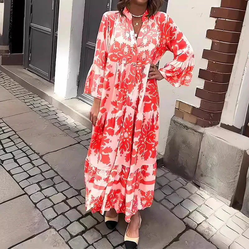 Versailles | Baroque Print Button Front Lantern Sleeve Boho Dress