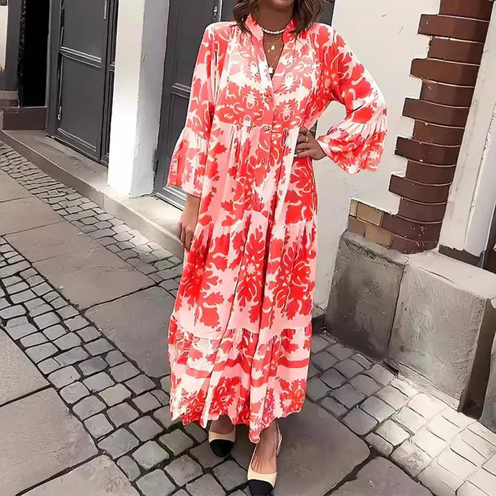Versailles | Baroque Print Button Front Lantern Sleeve Boho Dress