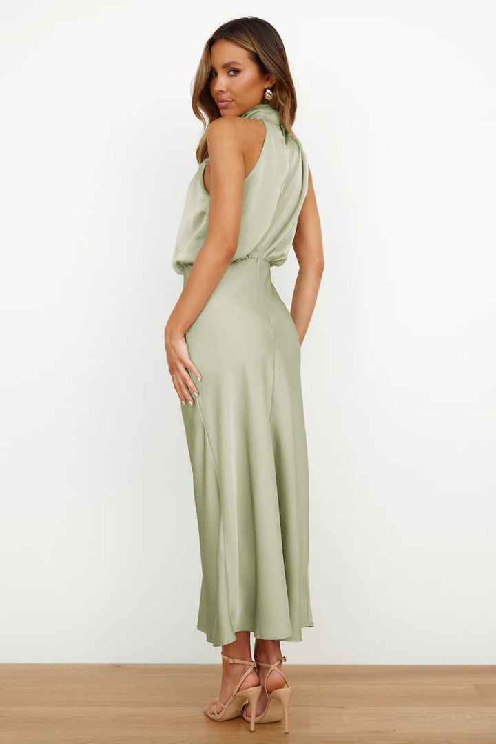 Sienna | Draped Twist Blouson Halter Neck Maxi Dress in Satin
