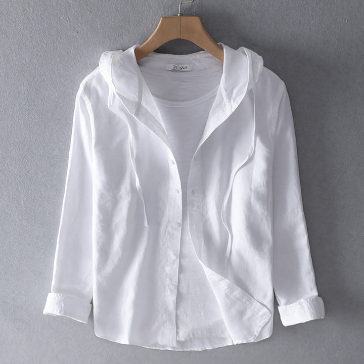 Sévrine | Striped Hooded Button-Down Linen Blouse