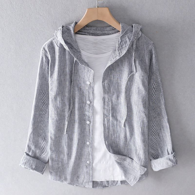 Sévrine | Striped Hooded Button-Down Linen Blouse