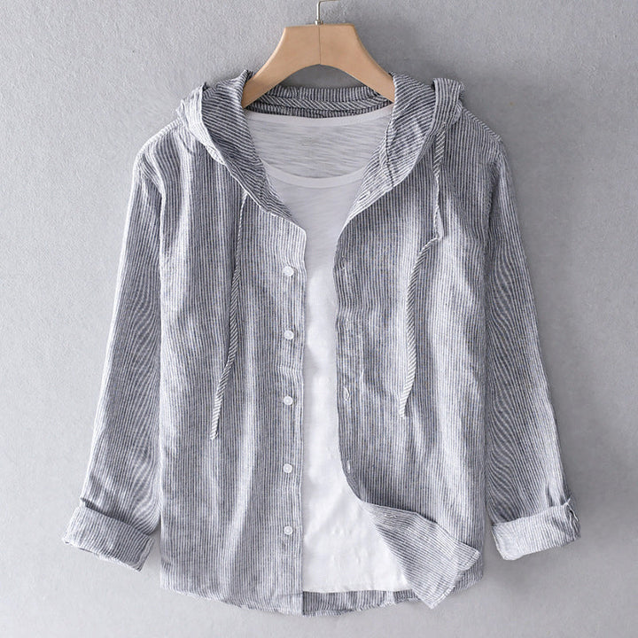 Sévrine | Striped Hooded Button-Down Linen Blouse