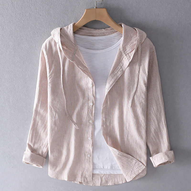 Sévrine | Striped Hooded Button-Down Linen Blouse