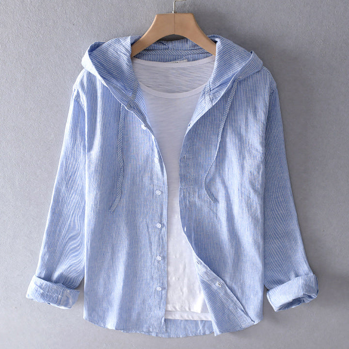 Sévrine | Striped Hooded Button-Down Linen Blouse