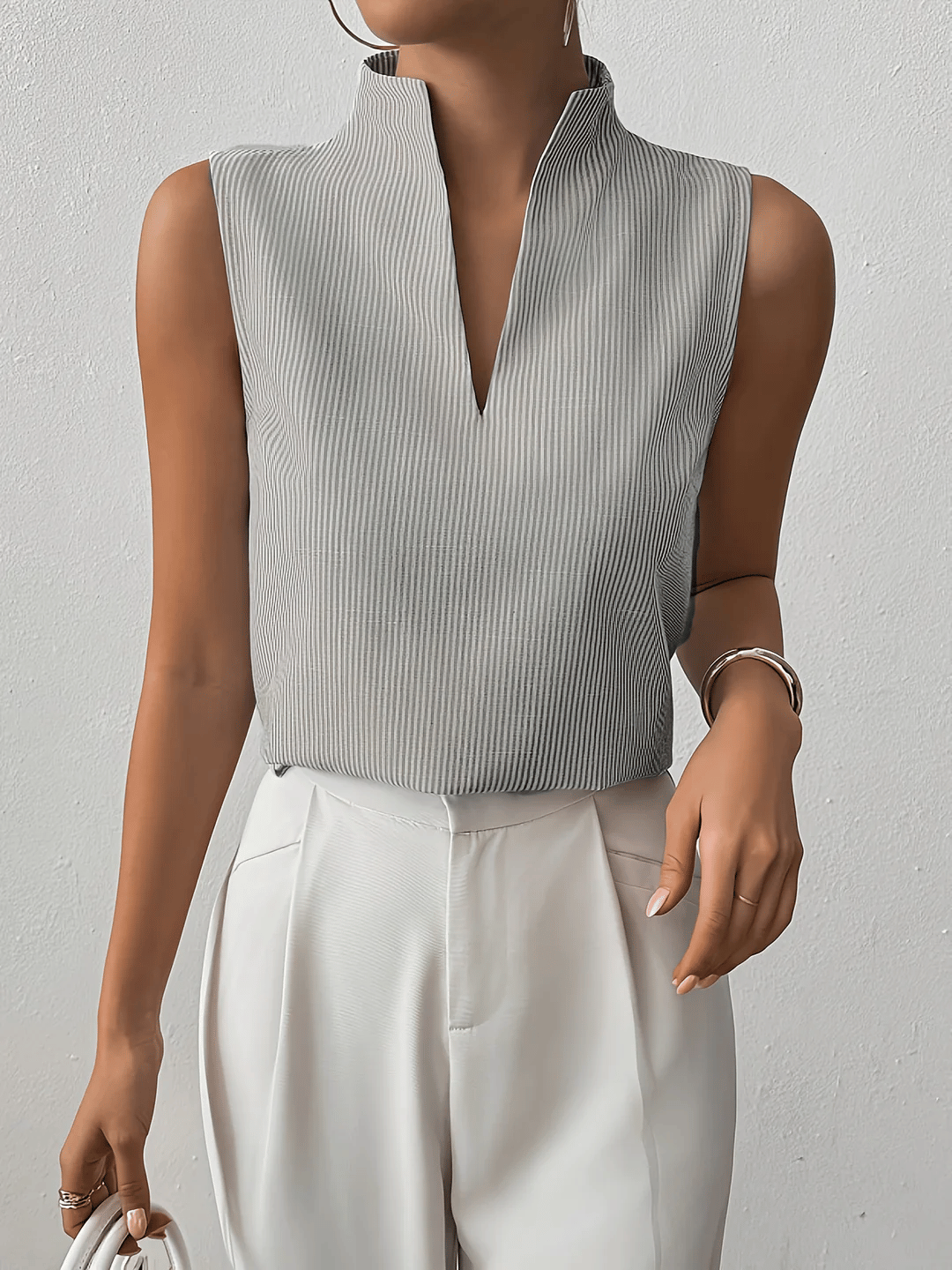 Sloane | Pinstripe Stand Collar Womens Blouse