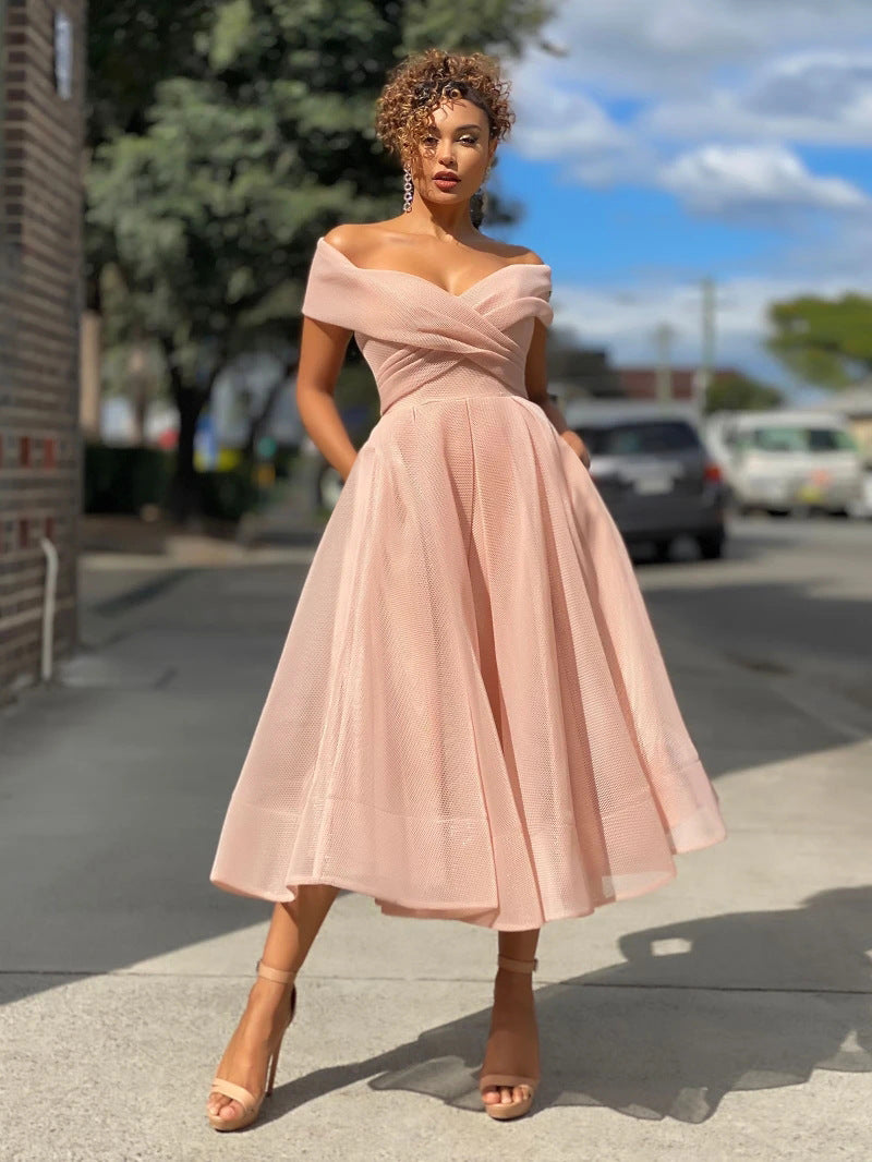 Tulle Cross Bodice Off Shoulder Dress 0