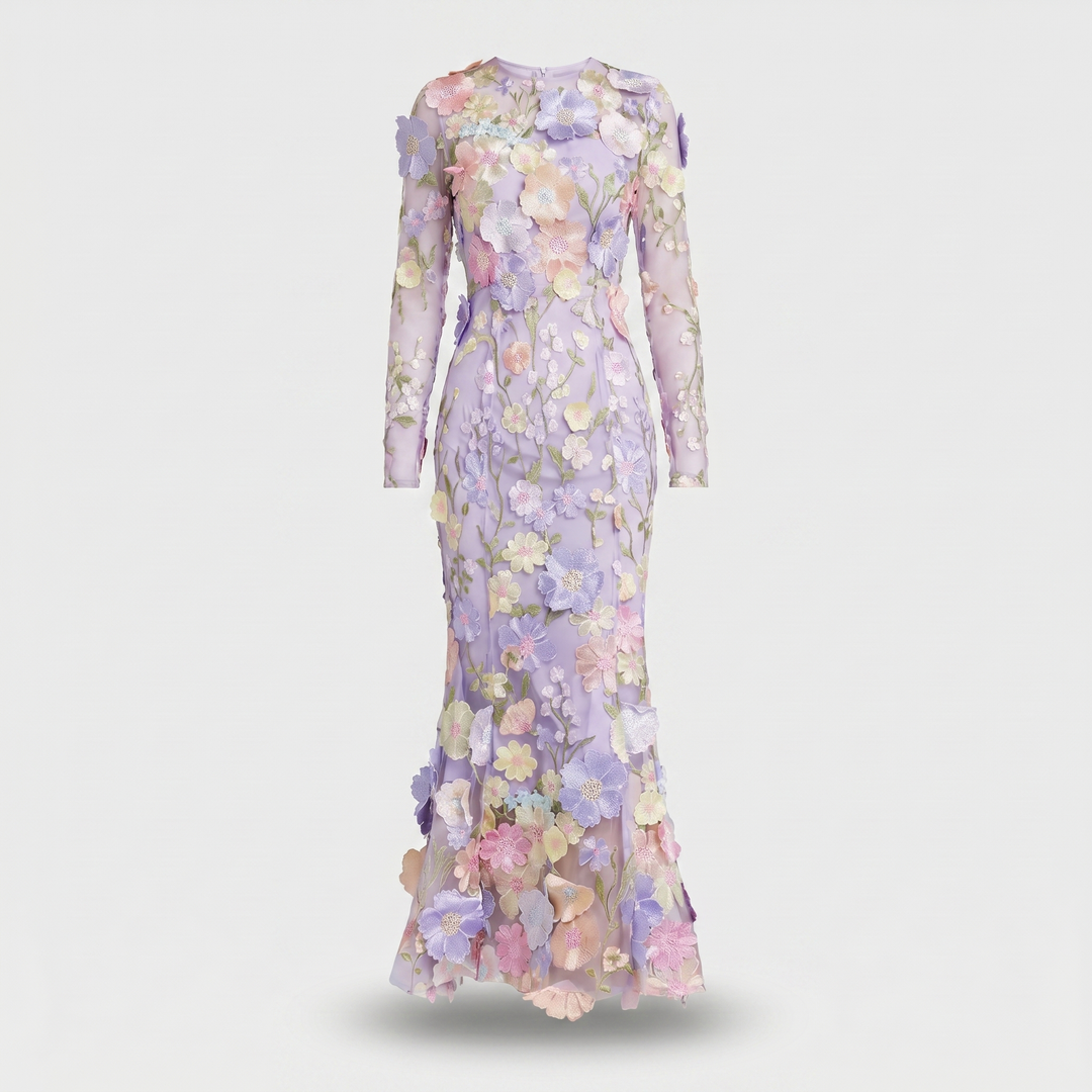 Delphine | Women's Tulle Maxi Wedding Guest Dress – Long-Sleeve Round Neckline