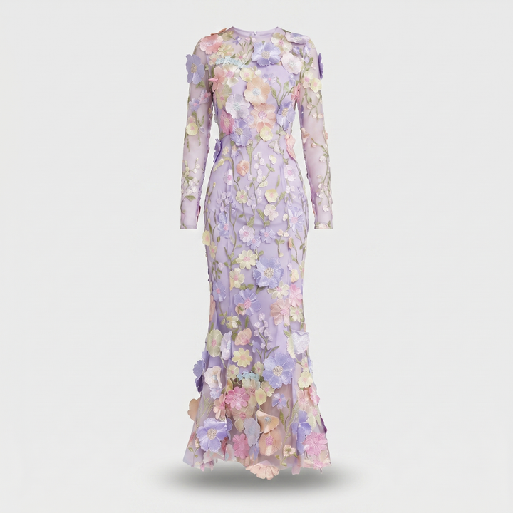 Delphine | Women's Tulle Maxi Wedding Guest Dress – Long-Sleeve Round Neckline