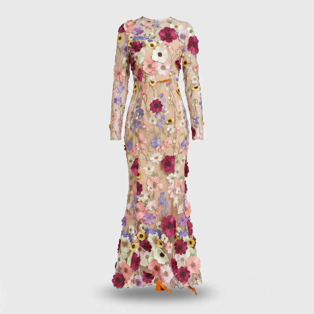 Delphine | Women's Tulle Maxi Wedding Guest Dress – Long-Sleeve Round Neckline