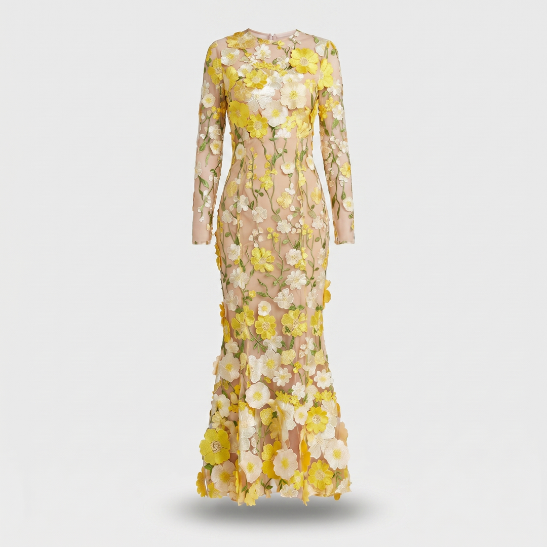 Delphine | Women's Tulle Maxi Wedding Guest Dress – Long-Sleeve Round Neckline