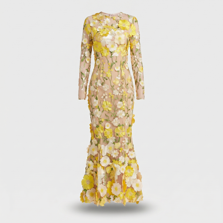 Delphine | Women's Tulle Maxi Wedding Guest Dress – Long-Sleeve Round Neckline