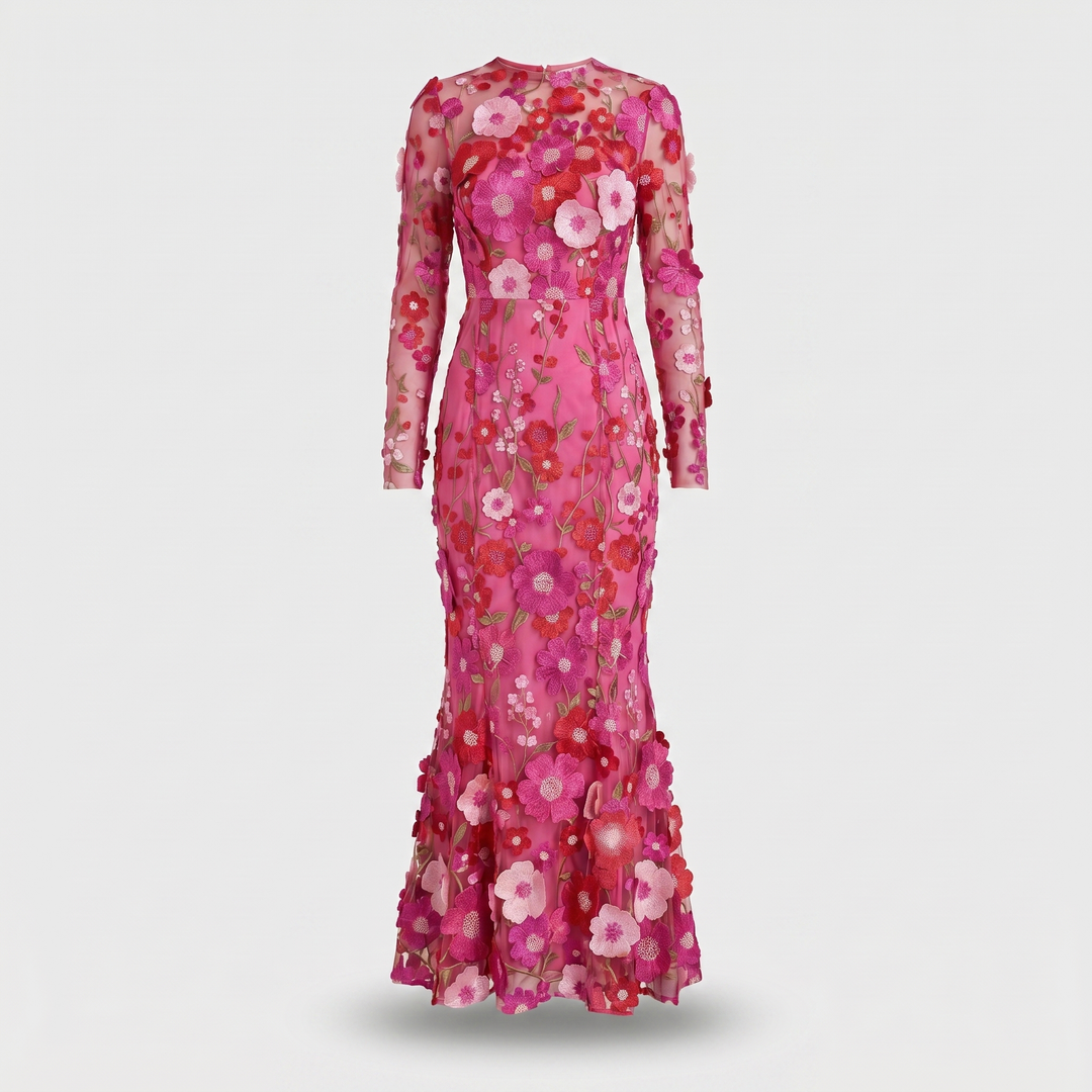 Delphine | Women's Tulle Maxi Wedding Guest Dress – Long-Sleeve Round Neckline