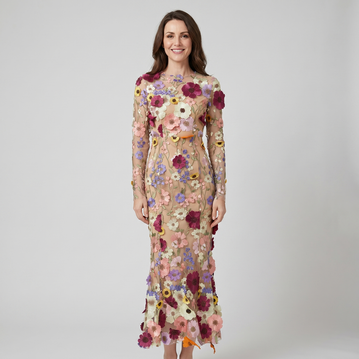Delphine | Women's Tulle Maxi Wedding Guest Dress – Long-Sleeve Round Neckline