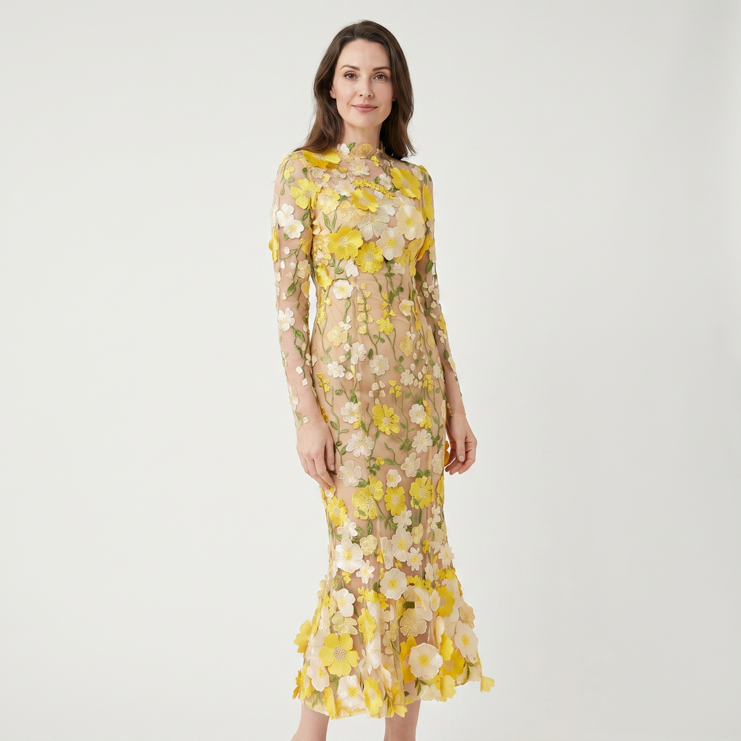 Delphine | Women's Tulle Maxi Wedding Guest Dress – Long-Sleeve Round Neckline