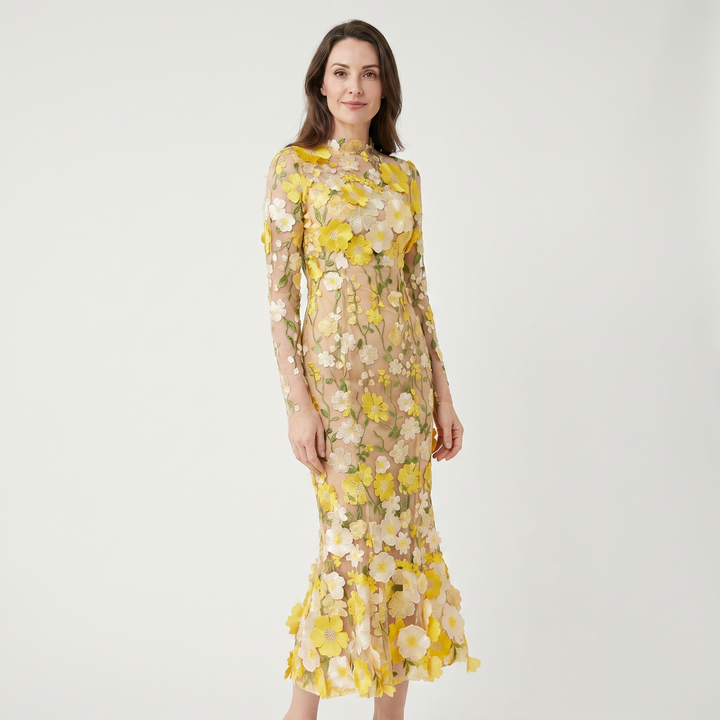 Delphine | Women's Tulle Maxi Wedding Guest Dress – Long-Sleeve Round Neckline