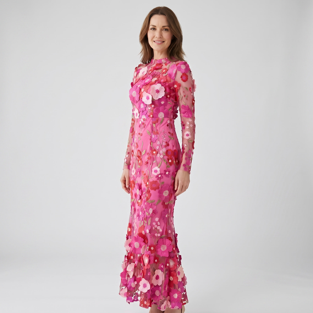 Delphine | Women's Tulle Maxi Wedding Guest Dress – Long-Sleeve Round Neckline
