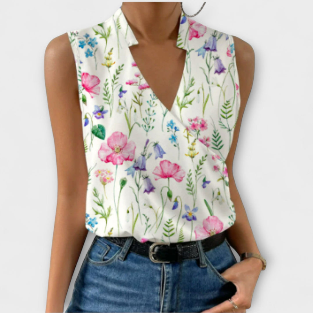 Celestine | Women's Sleeveless Blouse with Satin Surplice Wrap Design