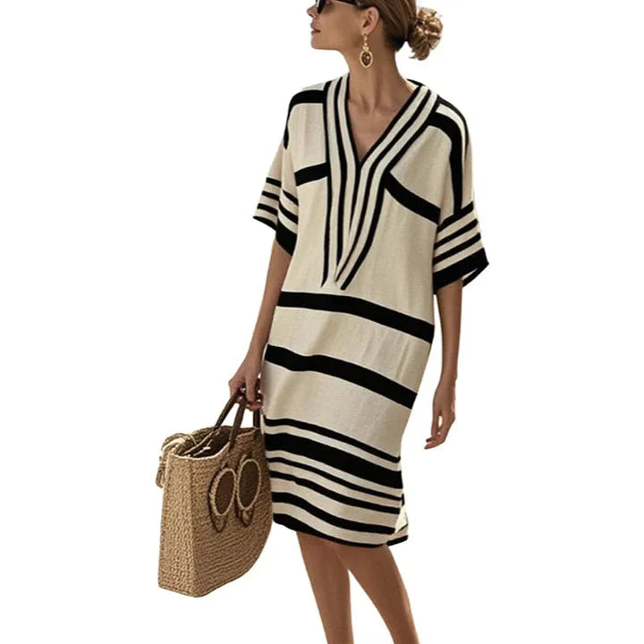 Marbella | Striped V-Neck Knit Kaftan Summer Dress