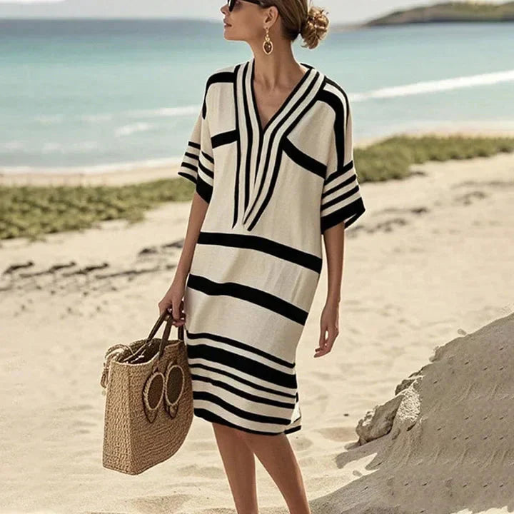 Marbella | Striped V-Neck Knit Kaftan Summer Dress