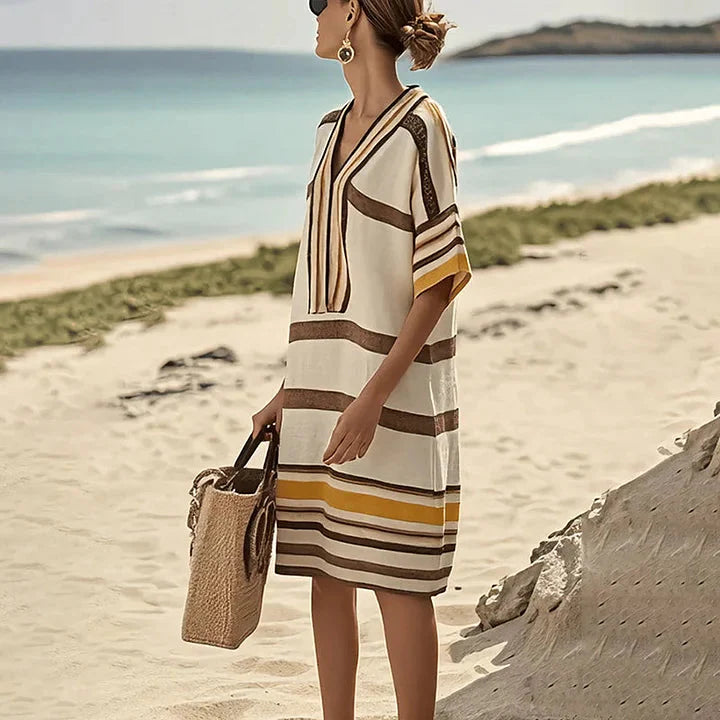 Marbella | Striped V-Neck Knit Kaftan Summer Dress