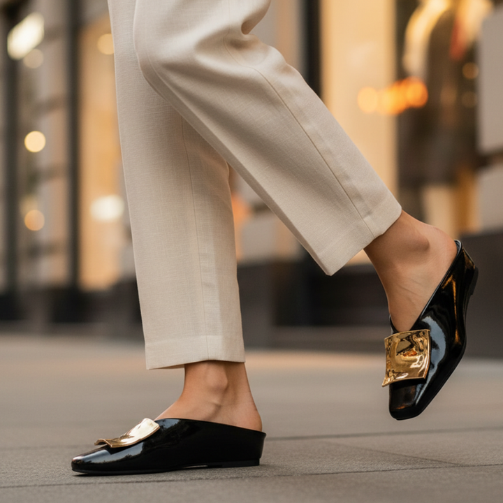 Margaux | Square Toe Gold Hardware Mule Orthopedic Flats in Leather