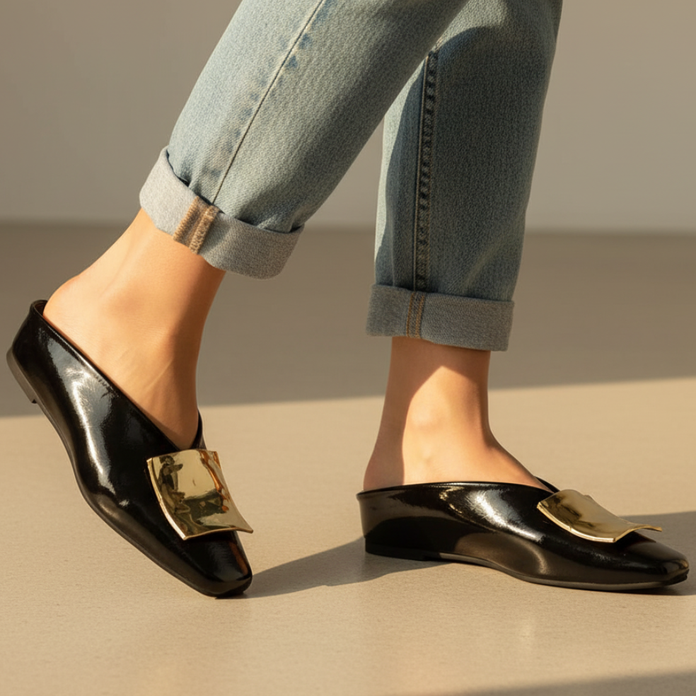Margaux | Square Toe Gold Hardware Mule Orthopedic Flats in Leather