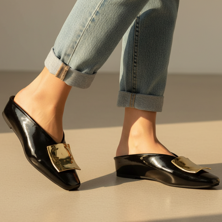 Margaux | Square Toe Gold Hardware Mule Orthopedic Flats in Leather