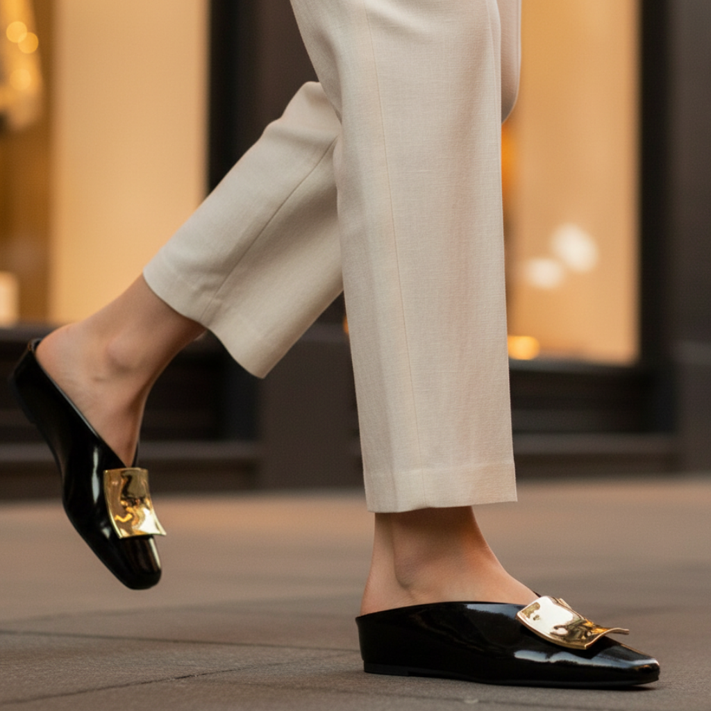 Margaux | Square Toe Gold Hardware Mule Orthopedic Flats in Leather